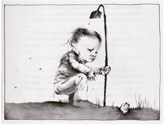 Illustration of a young boy holding hoe in right hand and reaching to pick up a big toe that is sticking out of the ground.
